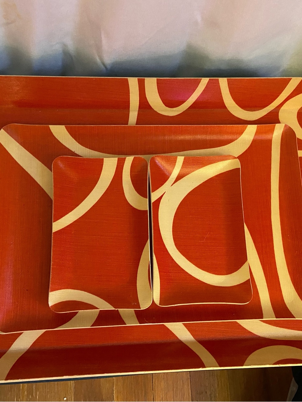 Vintage Angela Adams extremely rare Red & Cream Abstract Serving Tray Set